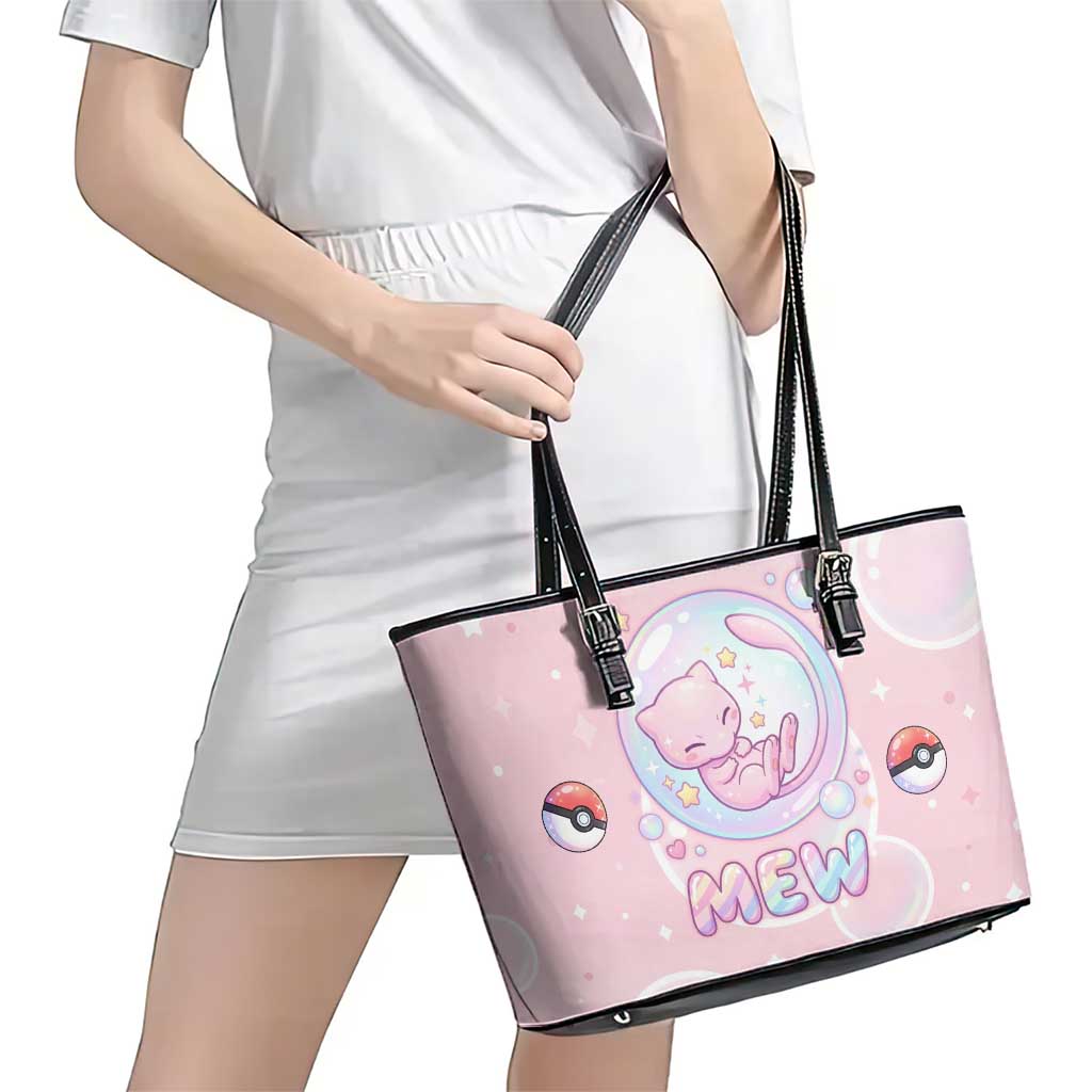 Mew Leather Tote Bag Pastel Kawaii Bubble Art