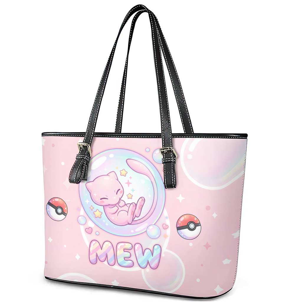 Mew Leather Tote Bag Pastel Kawaii Bubble Art