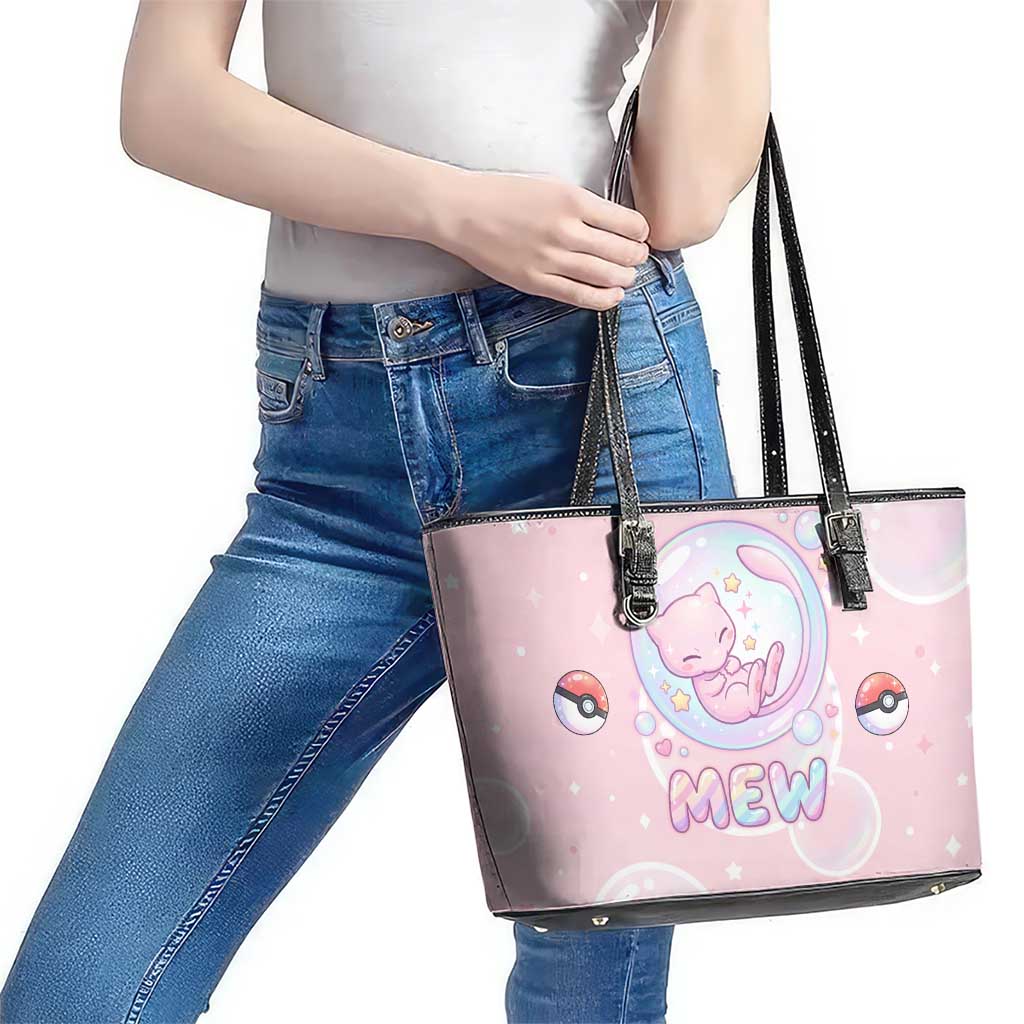 Mew Leather Tote Bag Pastel Kawaii Bubble Art