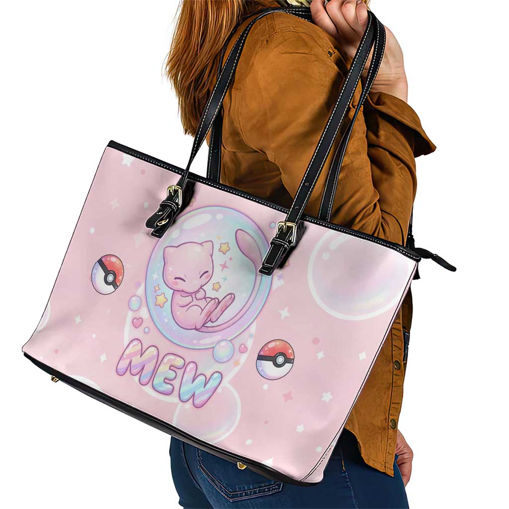 Mew Leather Tote Bag Pastel Kawaii Bubble Art