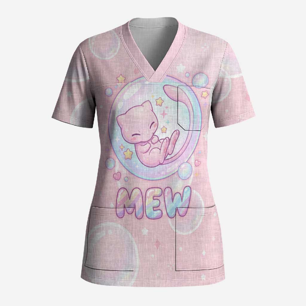 Mew Scrub Top Pastel Kawaii Bubble Art