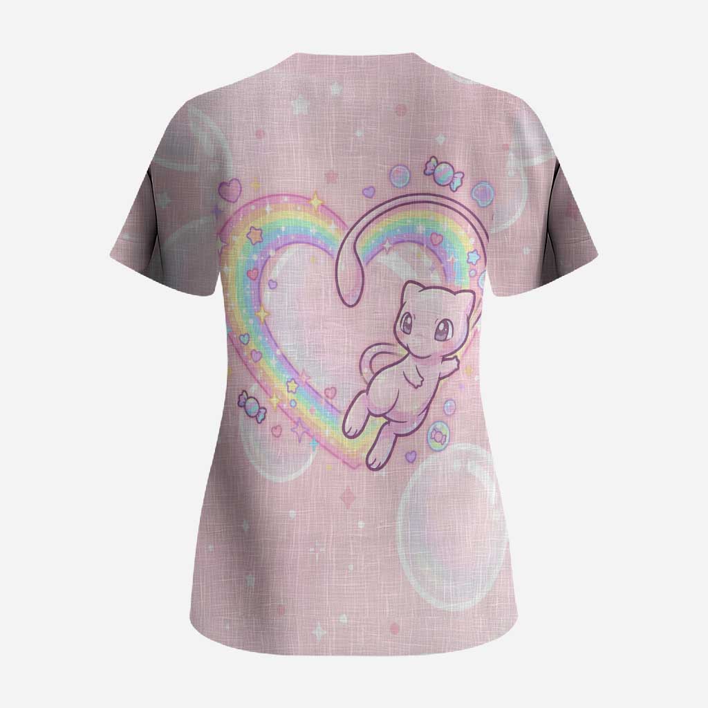 Mew Scrub Top Pastel Kawaii Bubble Art