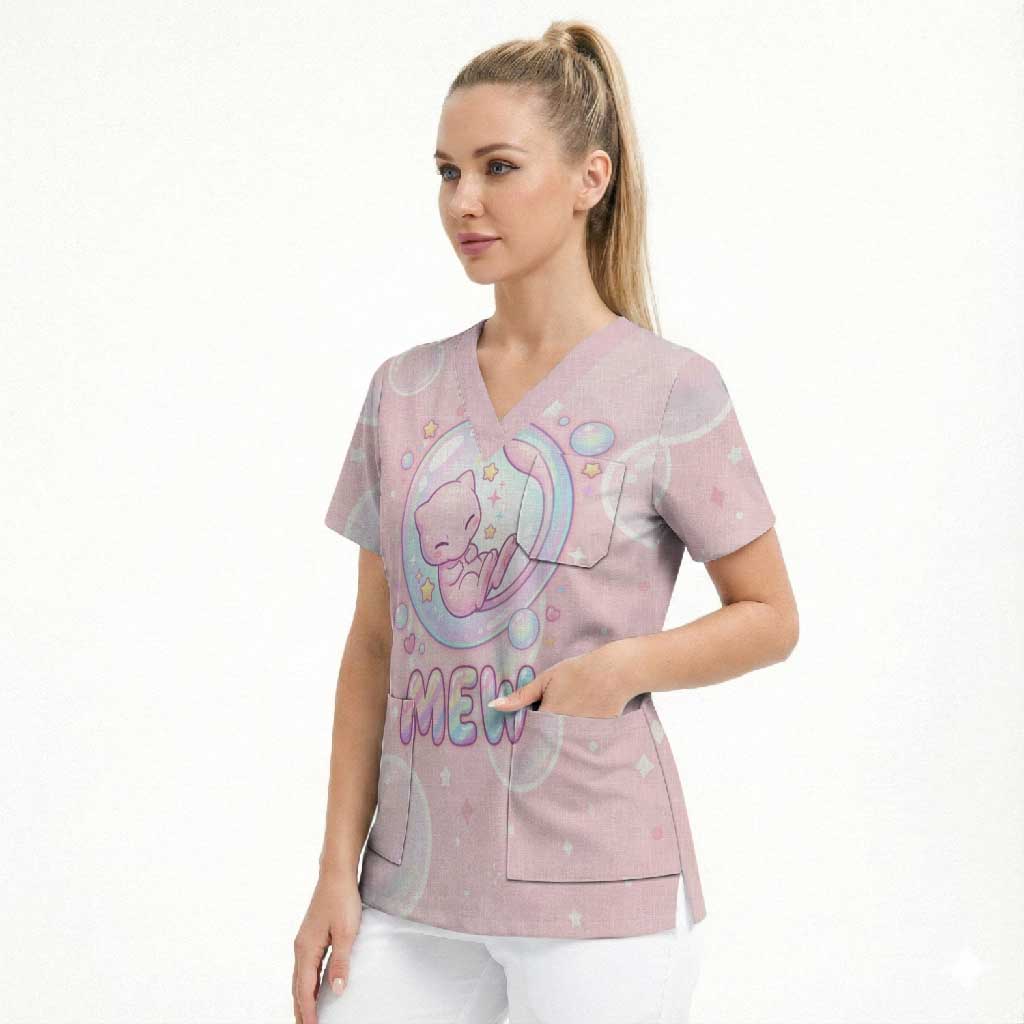 Mew Scrub Top Pastel Kawaii Bubble Art