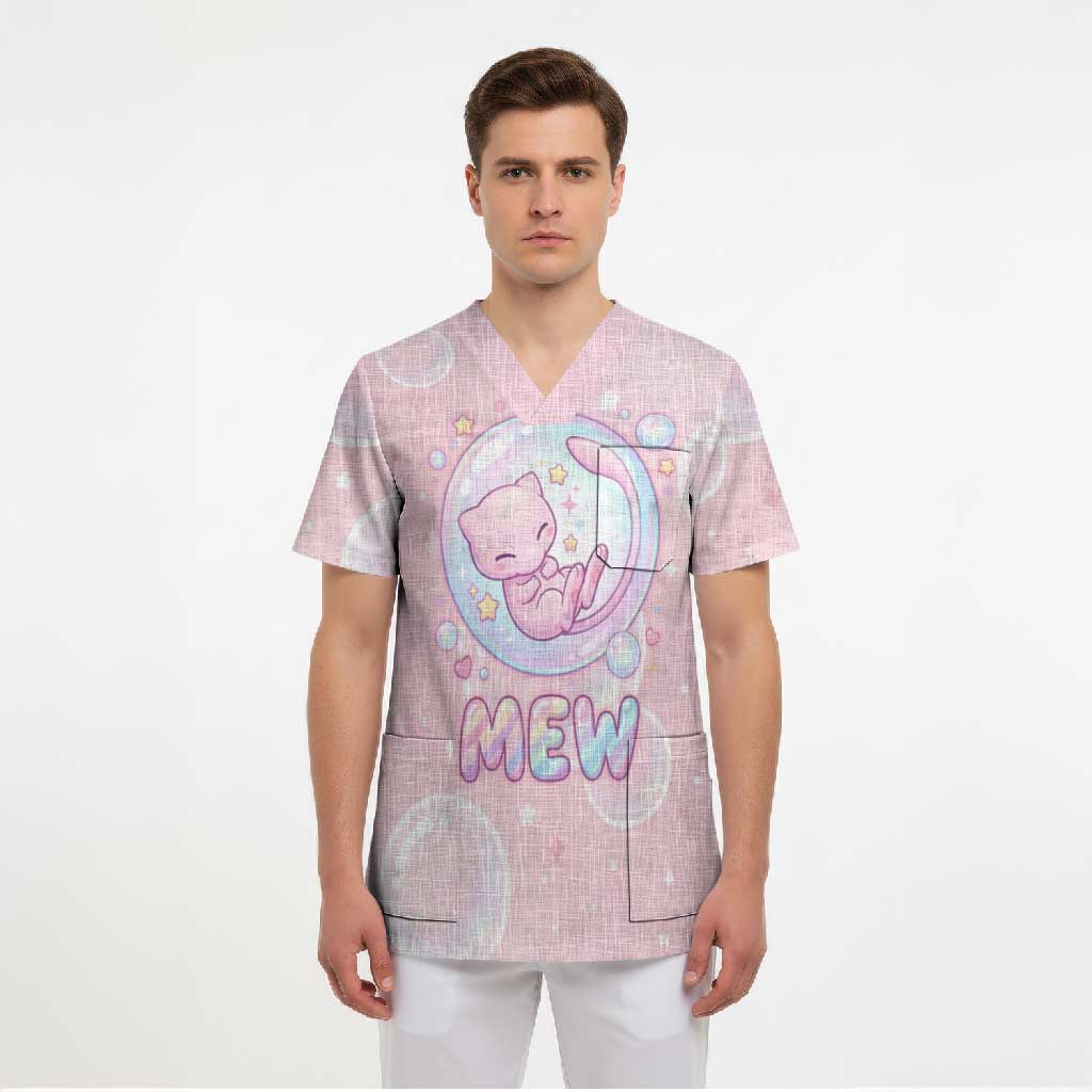 Mew Scrub Top Pastel Kawaii Bubble Art