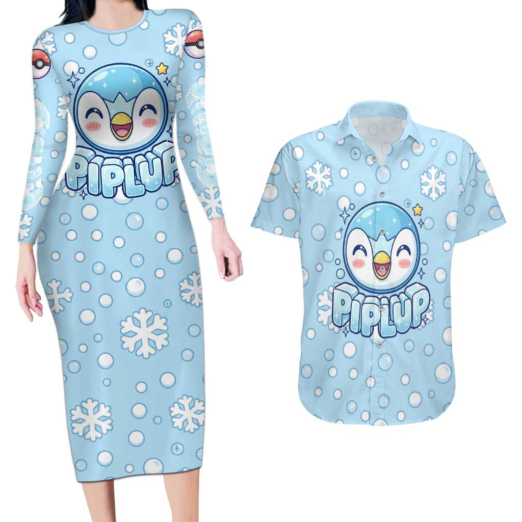 Piplup Couples Matching Long Sleeve Bodycon Dress and Hawaiian Shirt Cute Winter Snowflake Art