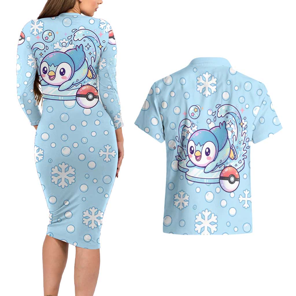 Piplup Couples Matching Long Sleeve Bodycon Dress and Hawaiian Shirt Cute Winter Snowflake Art