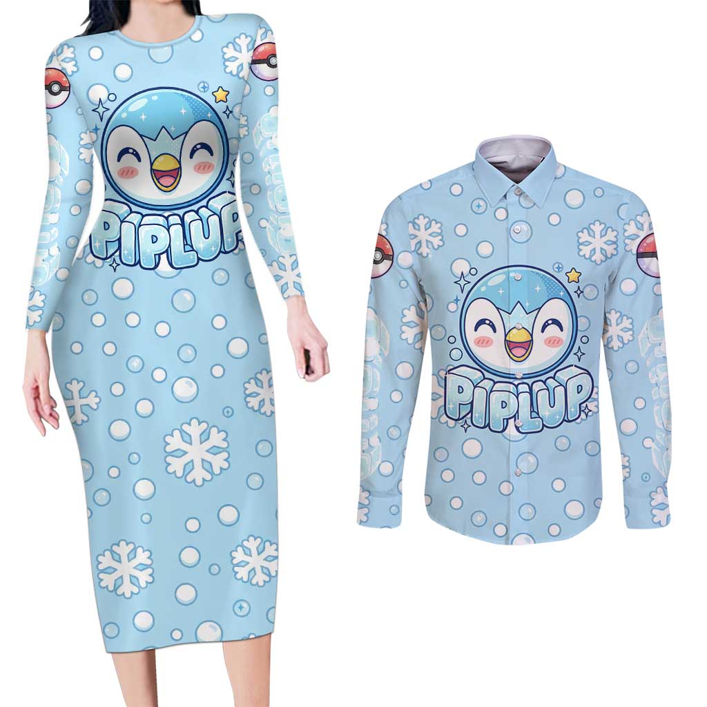 Piplup Couples Matching Long Sleeve Bodycon Dress and Long Sleeve Button Shirt Cute Winter Snowflake Art