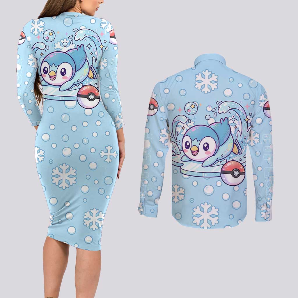 Piplup Couples Matching Long Sleeve Bodycon Dress and Long Sleeve Button Shirt Cute Winter Snowflake Art