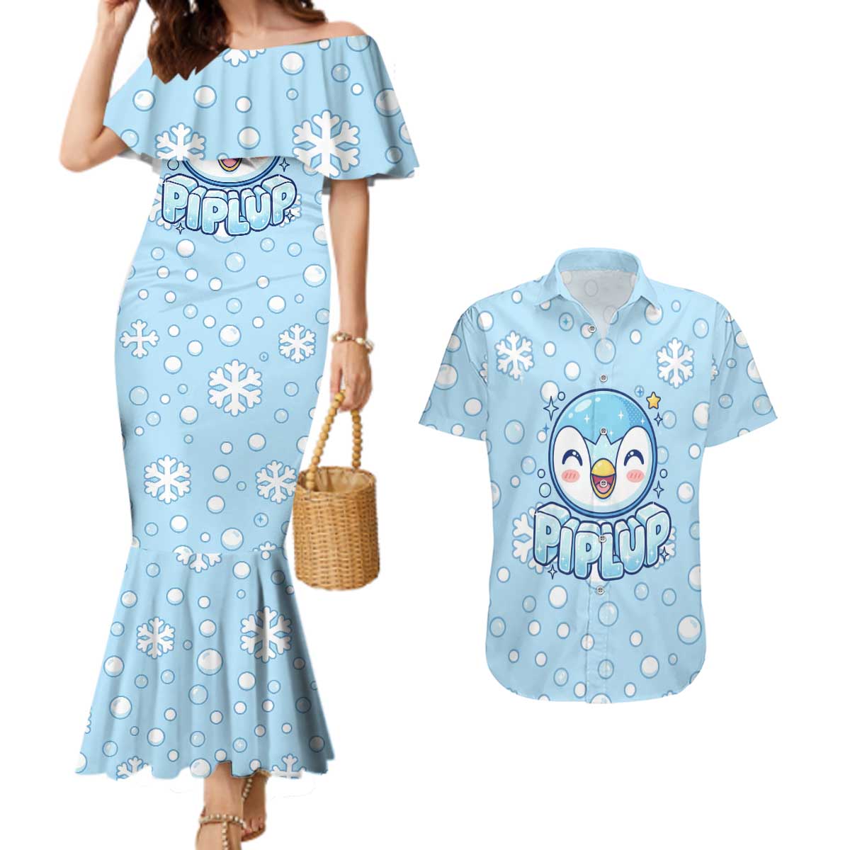 Piplup Couples Matching Mermaid Dress and Hawaiian Shirt Cute Winter Snowflake Art