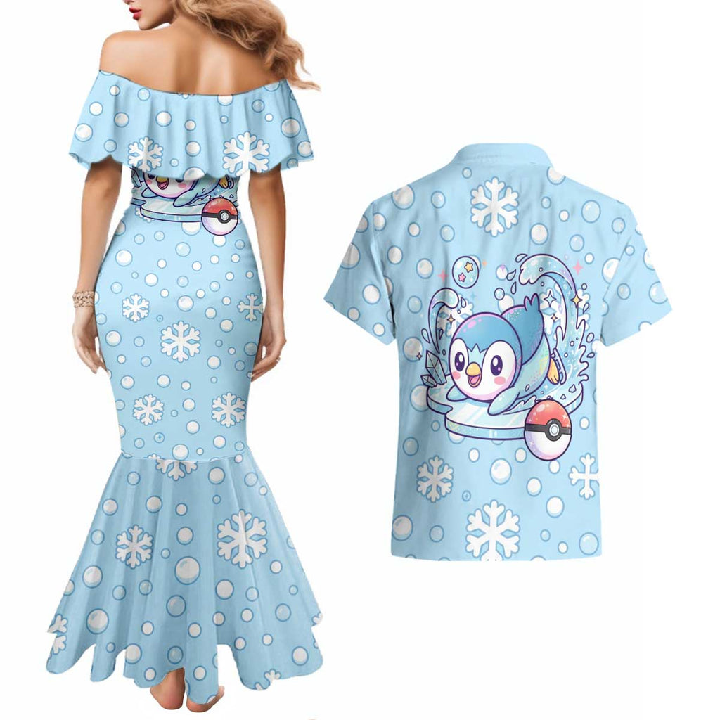 Piplup Couples Matching Mermaid Dress and Hawaiian Shirt Cute Winter Snowflake Art