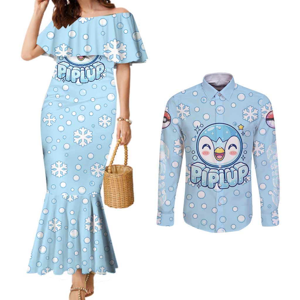 Piplup Couples Matching Mermaid Dress and Long Sleeve Button Shirt Cute Winter Snowflake Art