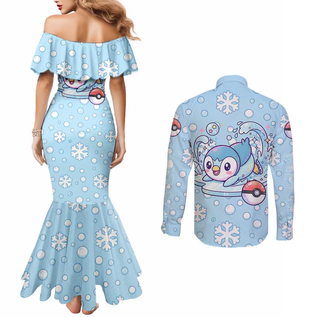 Piplup Couples Matching Mermaid Dress and Long Sleeve Button Shirt Cute Winter Snowflake Art