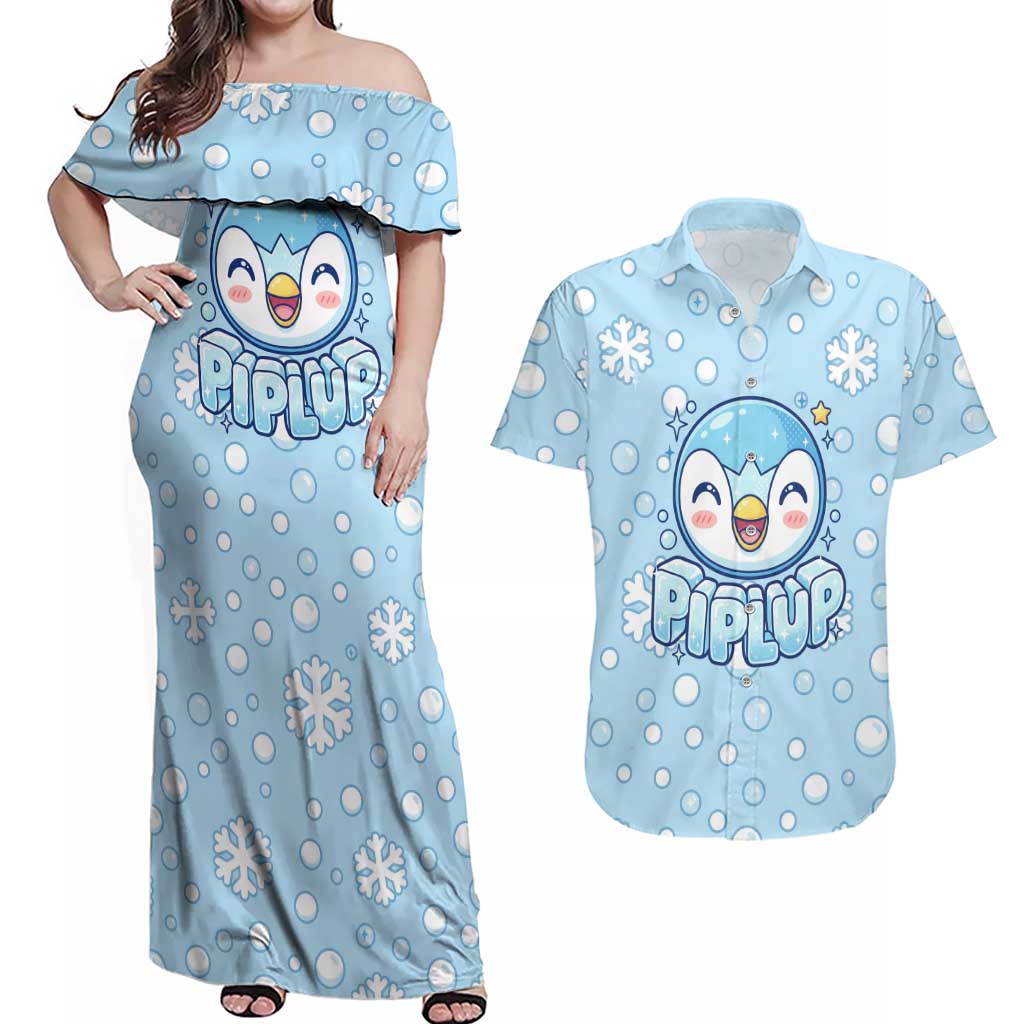 Piplup Couples Matching Off Shoulder Maxi Dress and Hawaiian Shirt Cute Winter Snowflake Art
