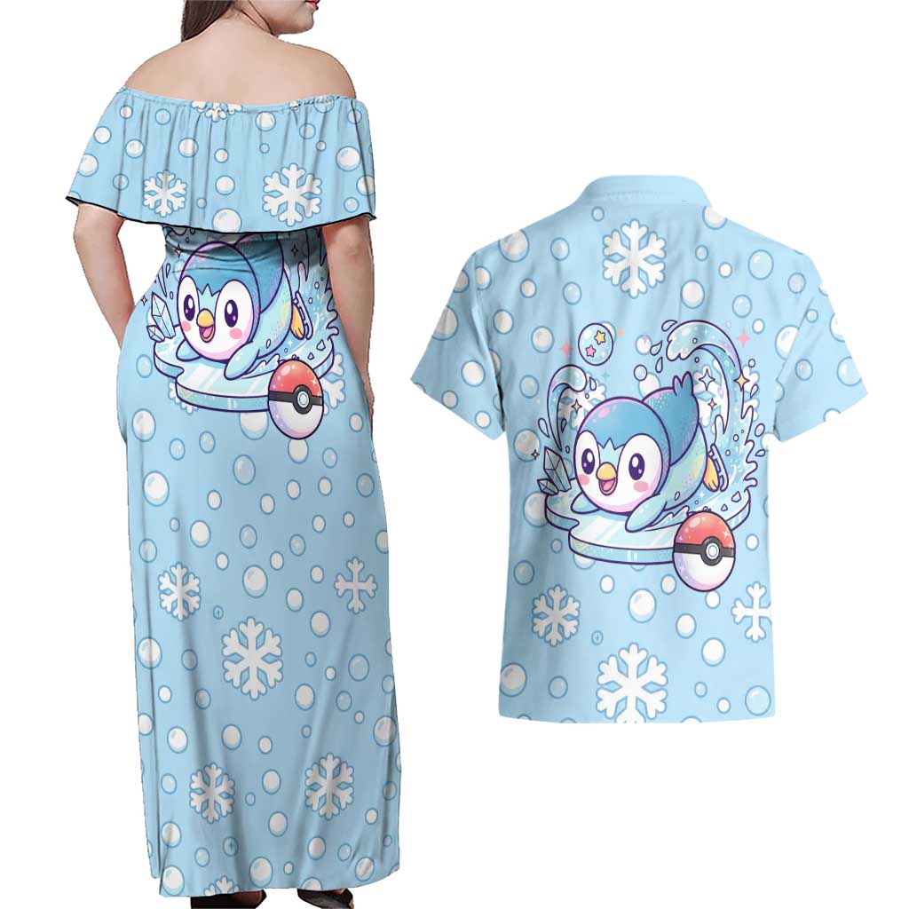 Piplup Couples Matching Off Shoulder Maxi Dress and Hawaiian Shirt Cute Winter Snowflake Art