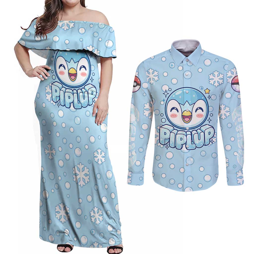 Piplup Couples Matching Off Shoulder Maxi Dress and Long Sleeve Button Shirt Cute Winter Snowflake Art