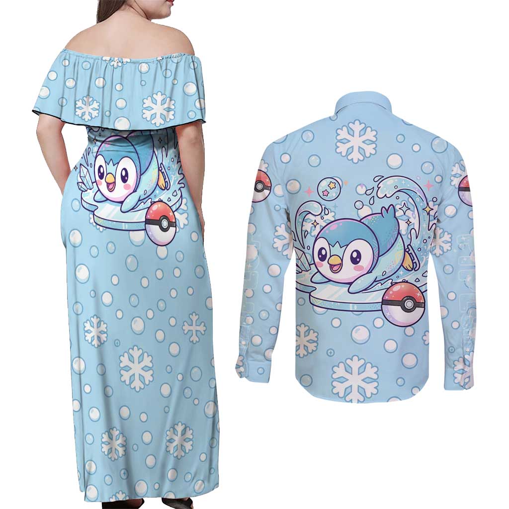 Piplup Couples Matching Off Shoulder Maxi Dress and Long Sleeve Button Shirt Cute Winter Snowflake Art