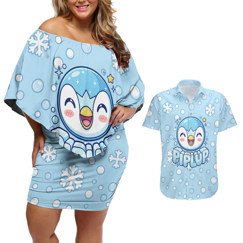Piplup Couples Matching Off Shoulder Short Dress and Hawaiian Shirt Cute Winter Snowflake Art