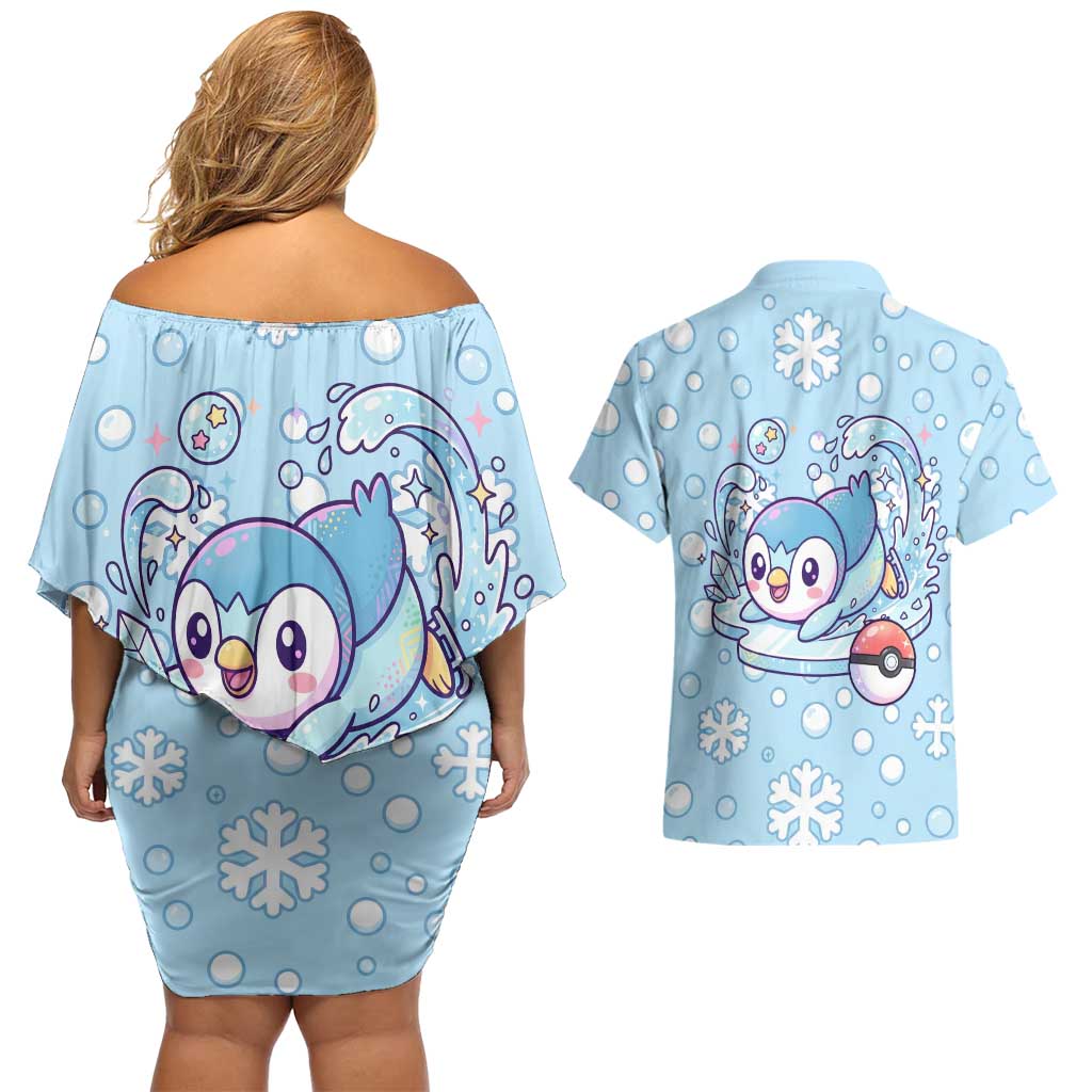 Piplup Couples Matching Off Shoulder Short Dress and Hawaiian Shirt Cute Winter Snowflake Art
