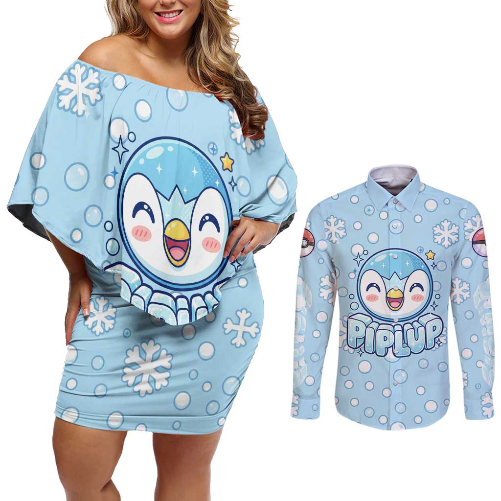Piplup Couples Matching Off Shoulder Short Dress and Long Sleeve Button Shirt Cute Winter Snowflake Art