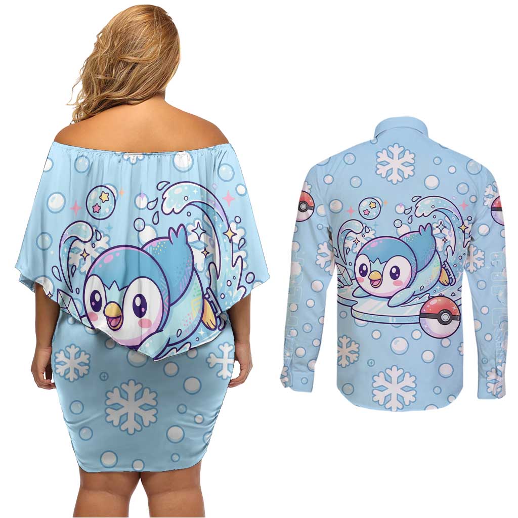 Piplup Couples Matching Off Shoulder Short Dress and Long Sleeve Button Shirt Cute Winter Snowflake Art