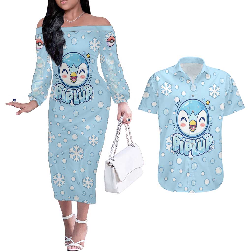 Piplup Couples Matching Off The Shoulder Long Sleeve Dress and Hawaiian Shirt Cute Winter Snowflake Art