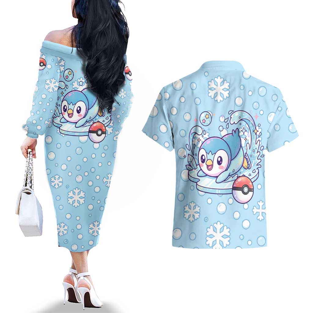 Piplup Couples Matching Off The Shoulder Long Sleeve Dress and Hawaiian Shirt Cute Winter Snowflake Art