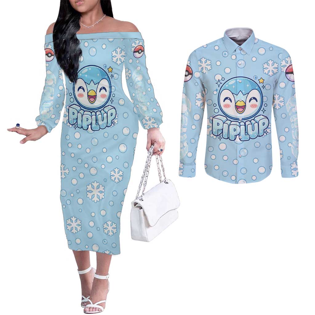 Piplup Couples Matching Off The Shoulder Long Sleeve Dress and Long Sleeve Button Shirt Cute Winter Snowflake Art