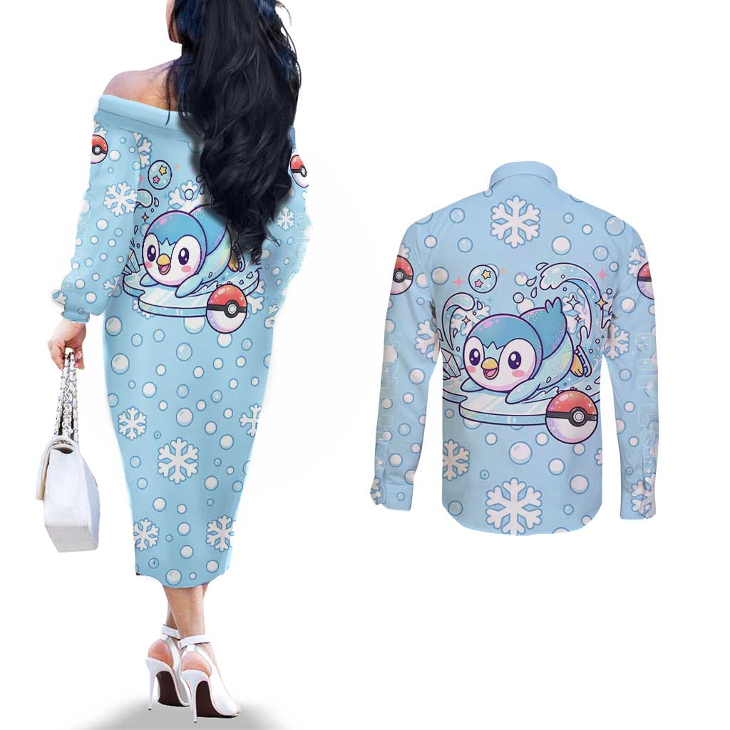 Piplup Couples Matching Off The Shoulder Long Sleeve Dress and Long Sleeve Button Shirt Cute Winter Snowflake Art