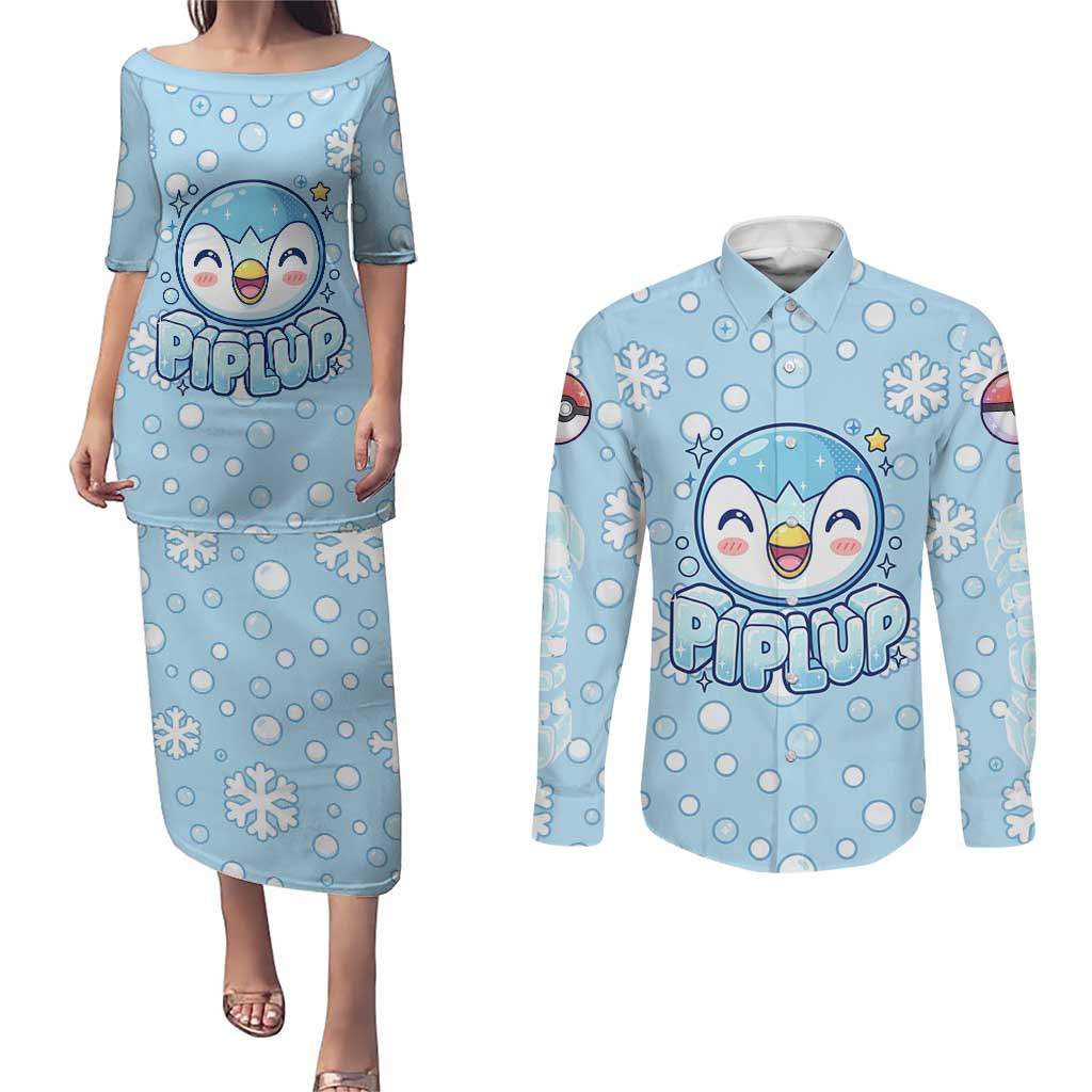 Piplup Couples Matching Puletasi and Long Sleeve Button Shirt Cute Winter Snowflake Art