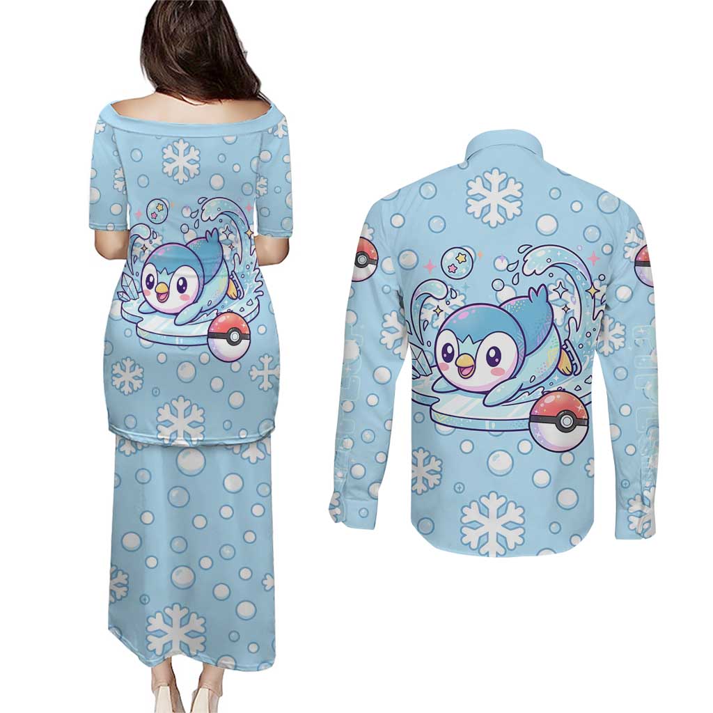 Piplup Couples Matching Puletasi and Long Sleeve Button Shirt Cute Winter Snowflake Art