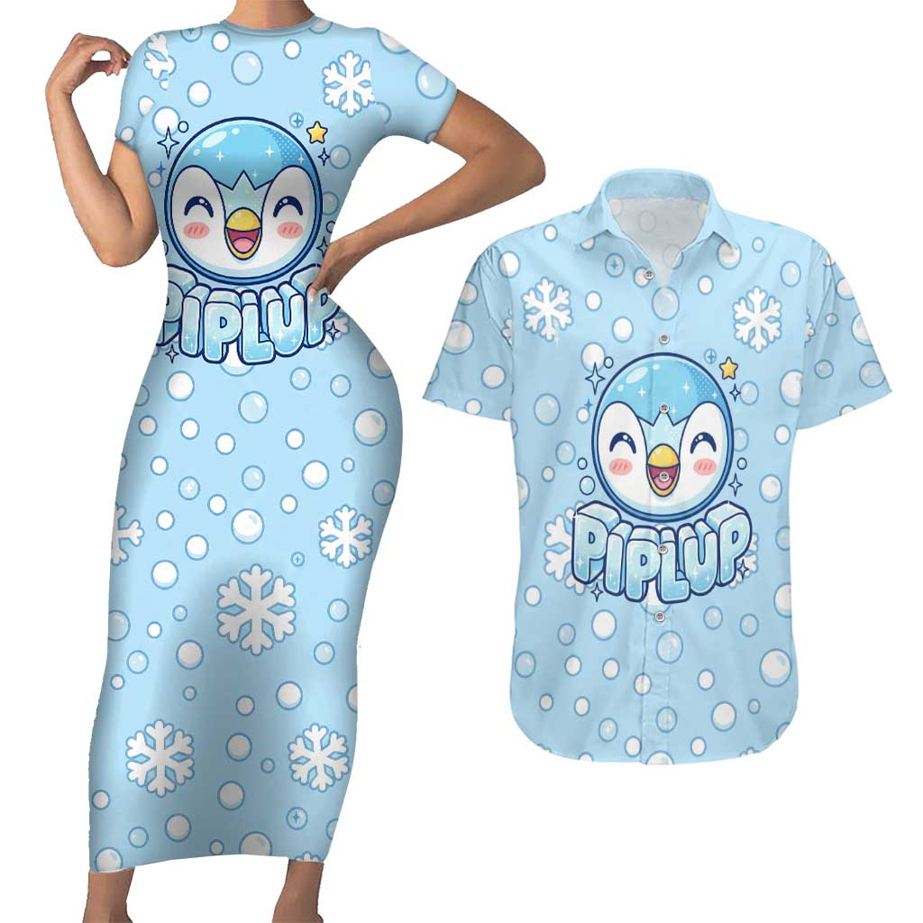 Piplup Couples Matching Short Sleeve Bodycon Dress and Hawaiian Shirt Cute Winter Snowflake Art