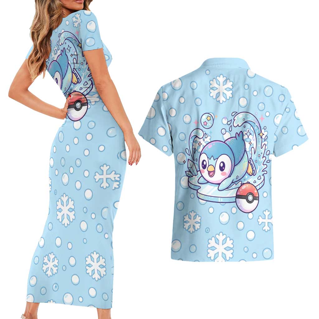 Piplup Couples Matching Short Sleeve Bodycon Dress and Hawaiian Shirt Cute Winter Snowflake Art