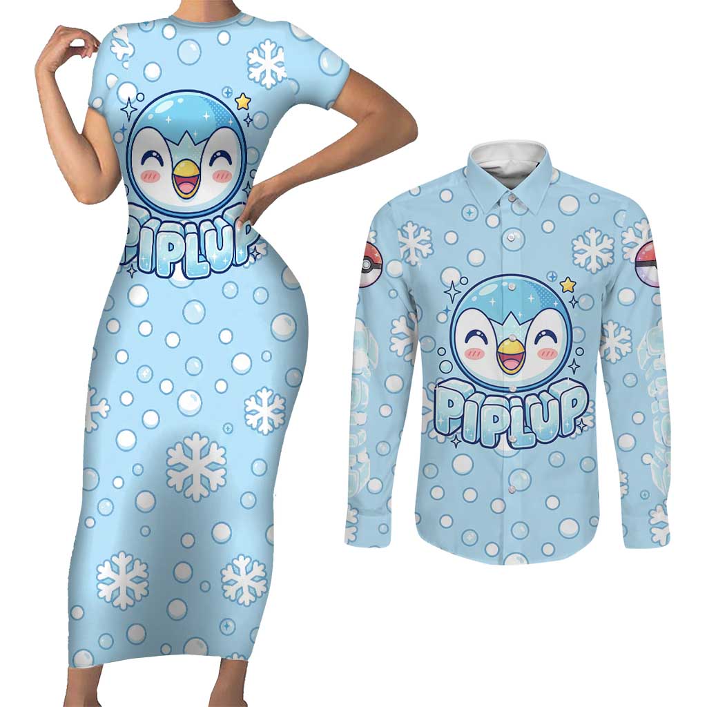 Piplup Couples Matching Short Sleeve Bodycon Dress and Long Sleeve Button Shirt Cute Winter Snowflake Art