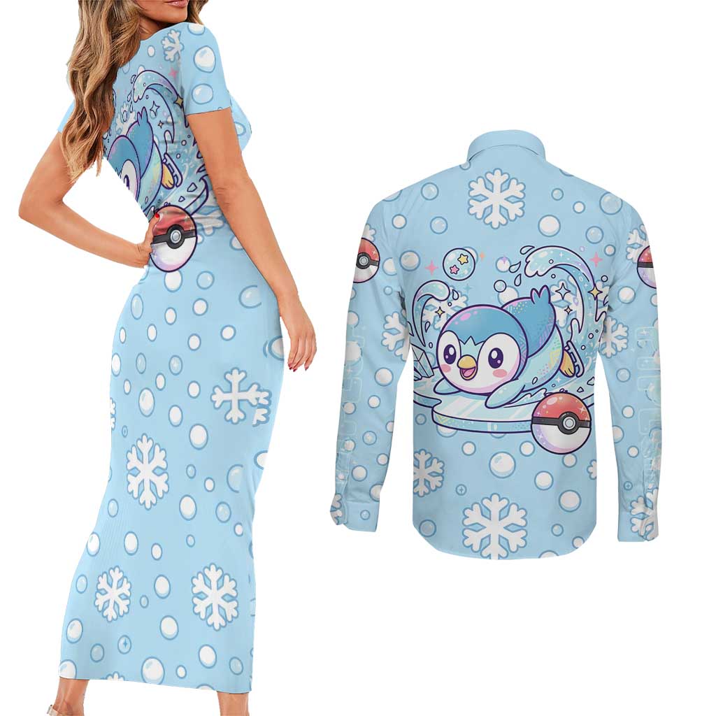 Piplup Couples Matching Short Sleeve Bodycon Dress and Long Sleeve Button Shirt Cute Winter Snowflake Art