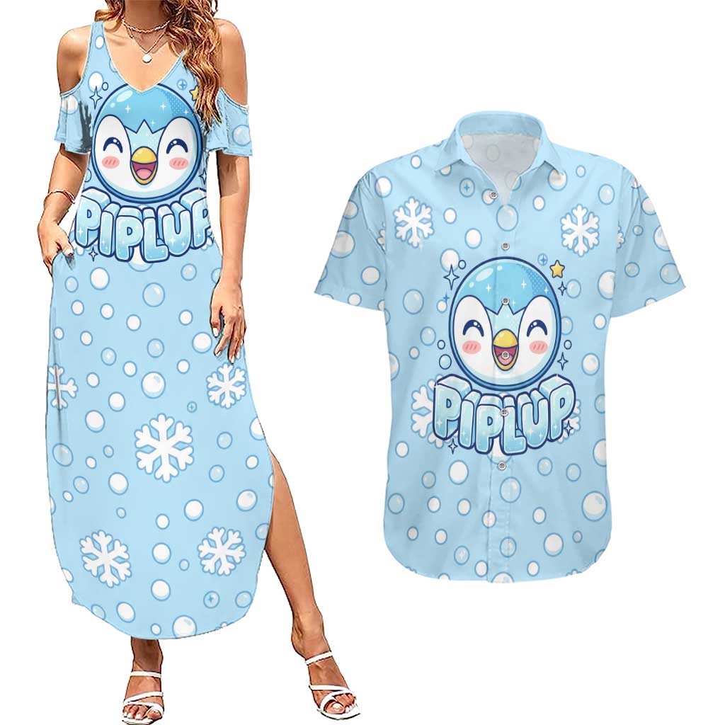 Piplup Couples Matching Summer Maxi Dress and Hawaiian Shirt Cute Winter Snowflake Art
