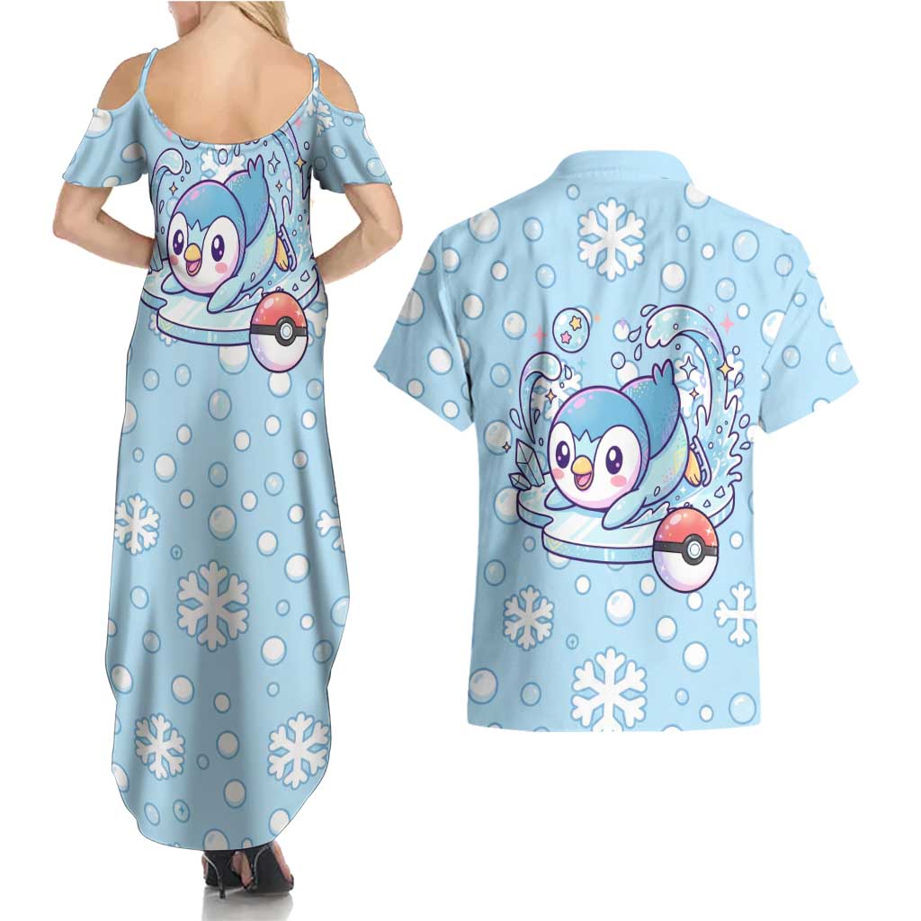 Piplup Couples Matching Summer Maxi Dress and Hawaiian Shirt Cute Winter Snowflake Art