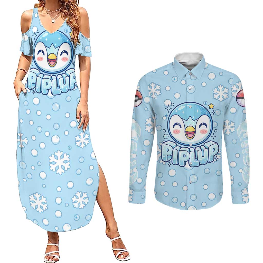 Piplup Couples Matching Summer Maxi Dress and Long Sleeve Button Shirt Cute Winter Snowflake Art