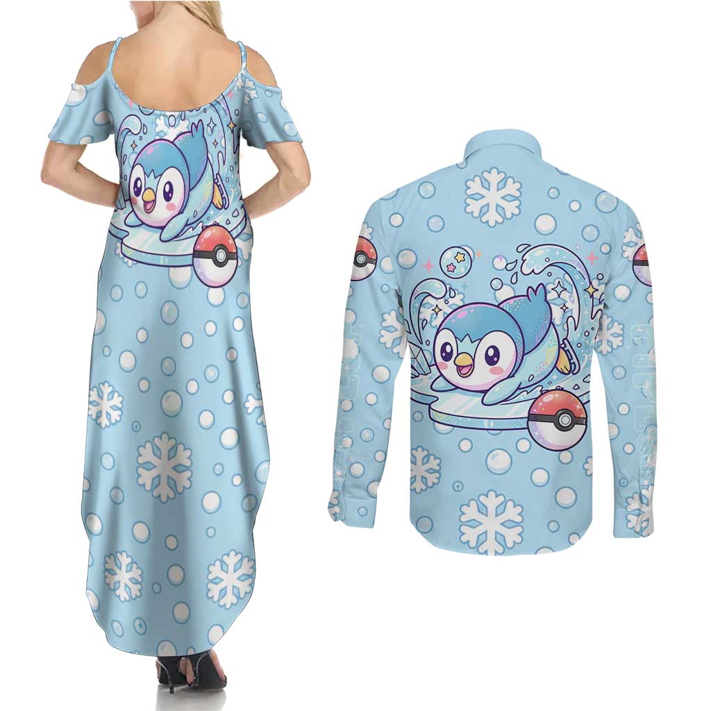 Piplup Couples Matching Summer Maxi Dress and Long Sleeve Button Shirt Cute Winter Snowflake Art