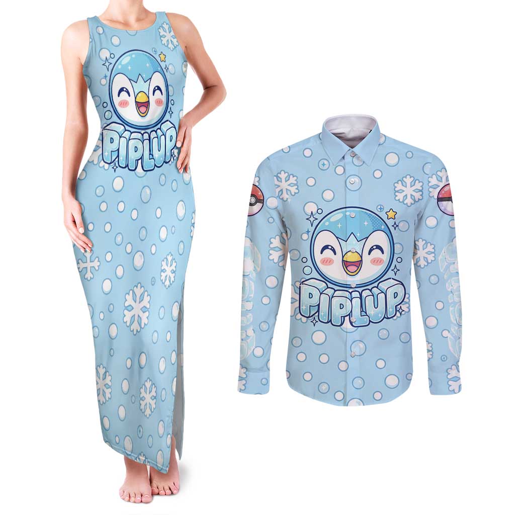 Piplup Couples Matching Tank Maxi Dress and Long Sleeve Button Shirt Cute Winter Snowflake Art