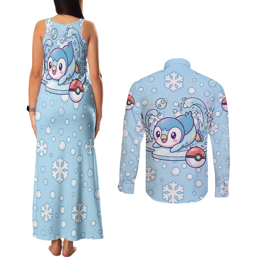 Piplup Couples Matching Tank Maxi Dress and Long Sleeve Button Shirt Cute Winter Snowflake Art