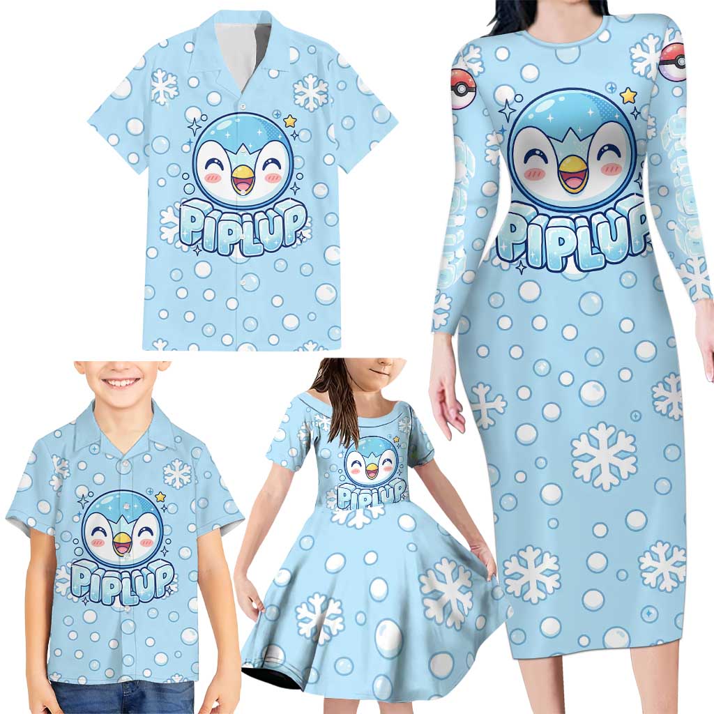 Piplup Family Matching Long Sleeve Bodycon Dress and Hawaiian Shirt Cute Winter Snowflake Art