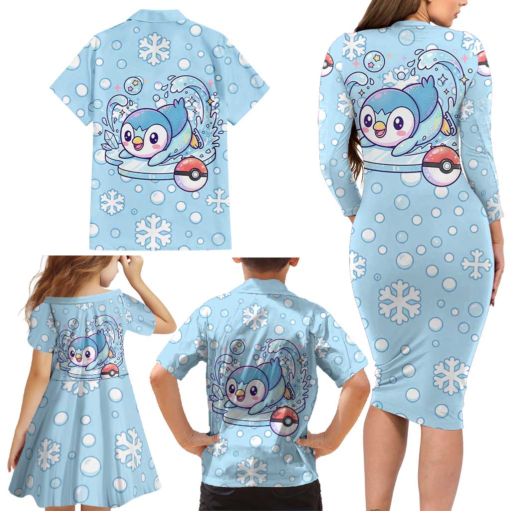 Piplup Family Matching Long Sleeve Bodycon Dress and Hawaiian Shirt Cute Winter Snowflake Art