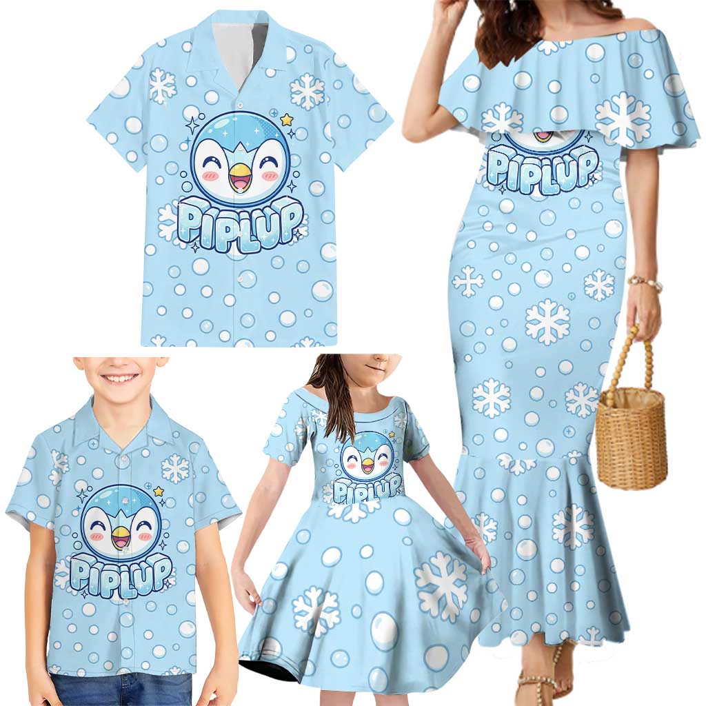 Piplup Family Matching Mermaid Dress and Hawaiian Shirt Cute Winter Snowflake Art