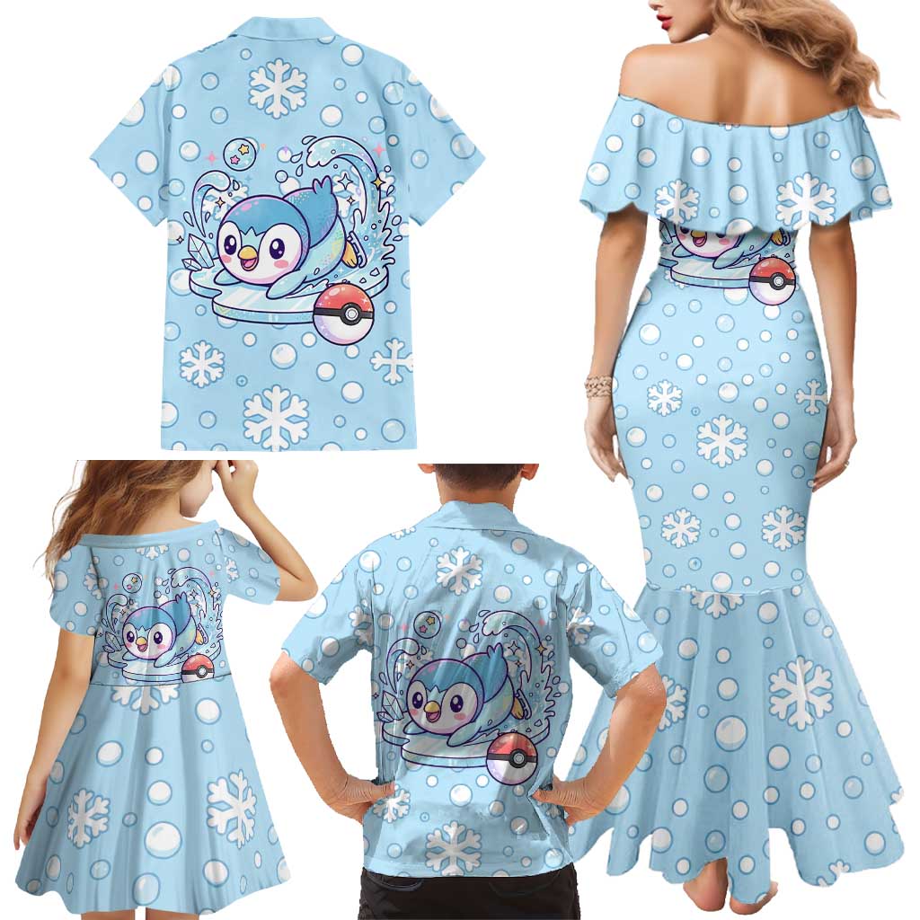 Piplup Family Matching Mermaid Dress and Hawaiian Shirt Cute Winter Snowflake Art