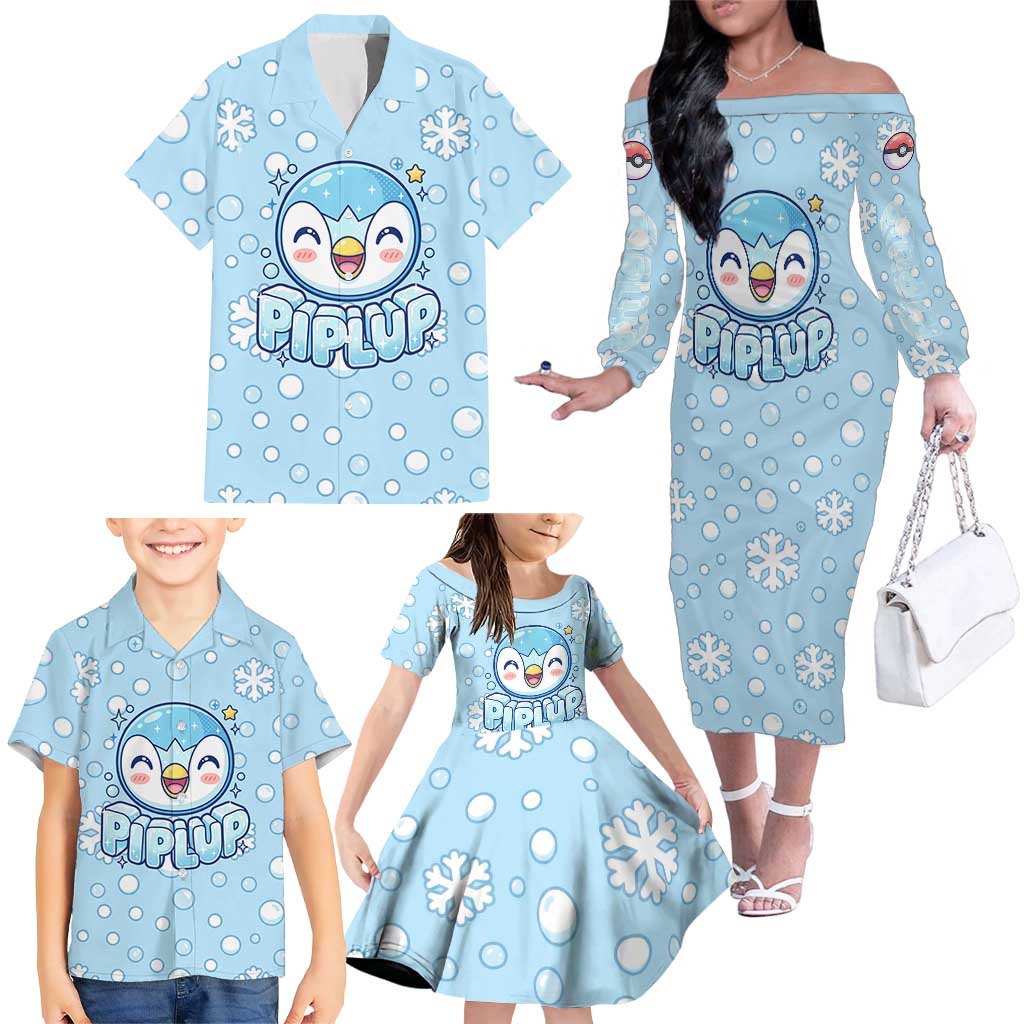Piplup Family Matching Off The Shoulder Long Sleeve Dress and Hawaiian Shirt Cute Winter Snowflake Art