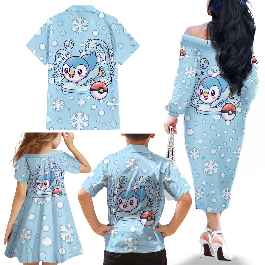 Piplup Family Matching Off The Shoulder Long Sleeve Dress and Hawaiian Shirt Cute Winter Snowflake Art