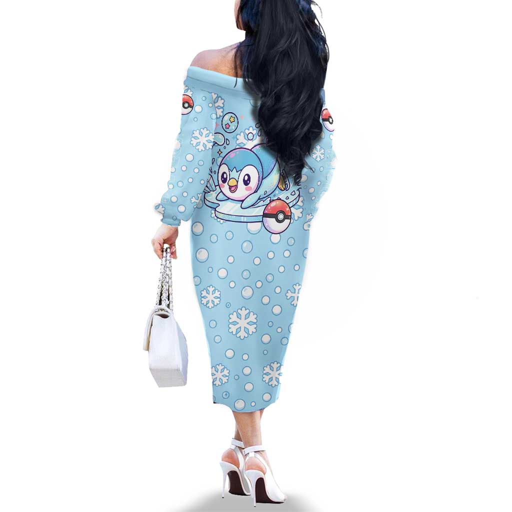 Piplup Family Matching Off The Shoulder Long Sleeve Dress and Hawaiian Shirt Cute Winter Snowflake Art