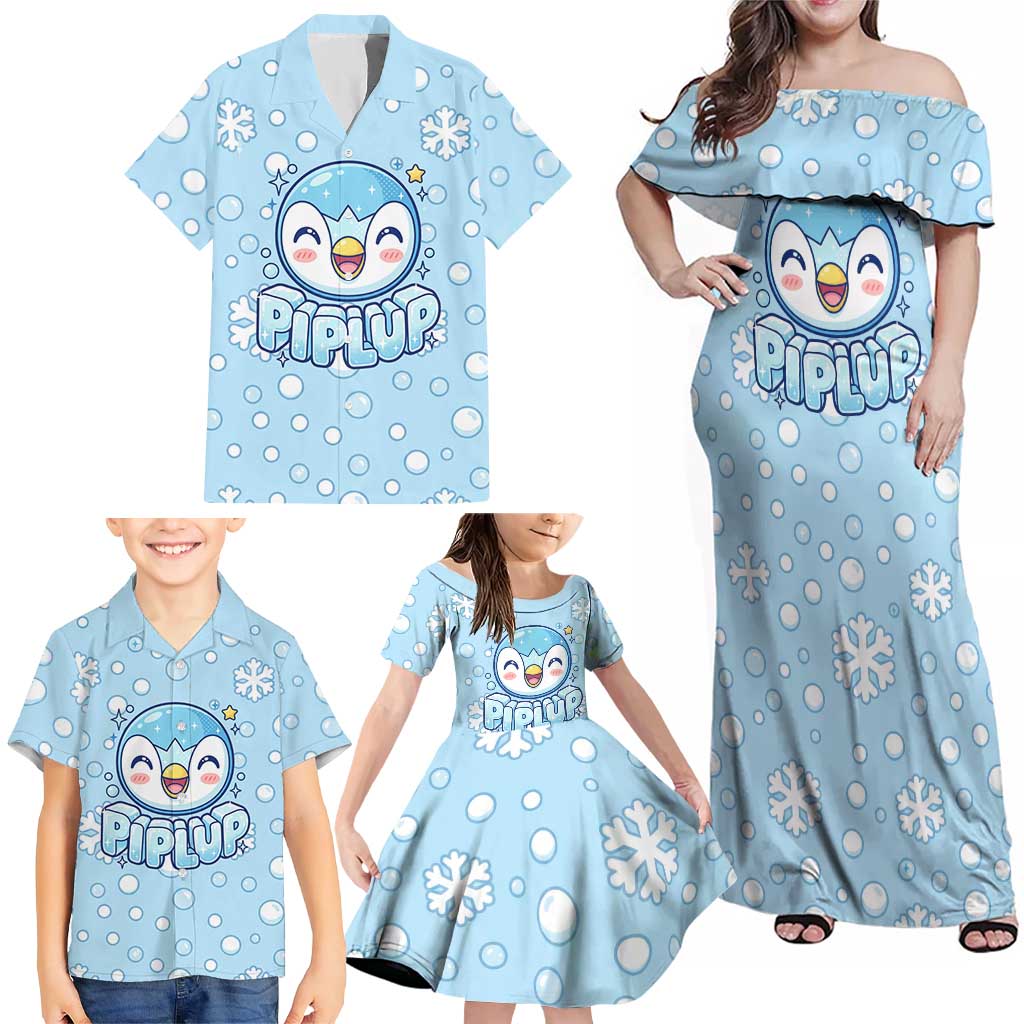 Piplup Family Matching Off Shoulder Maxi Dress and Hawaiian Shirt Cute Winter Snowflake Art
