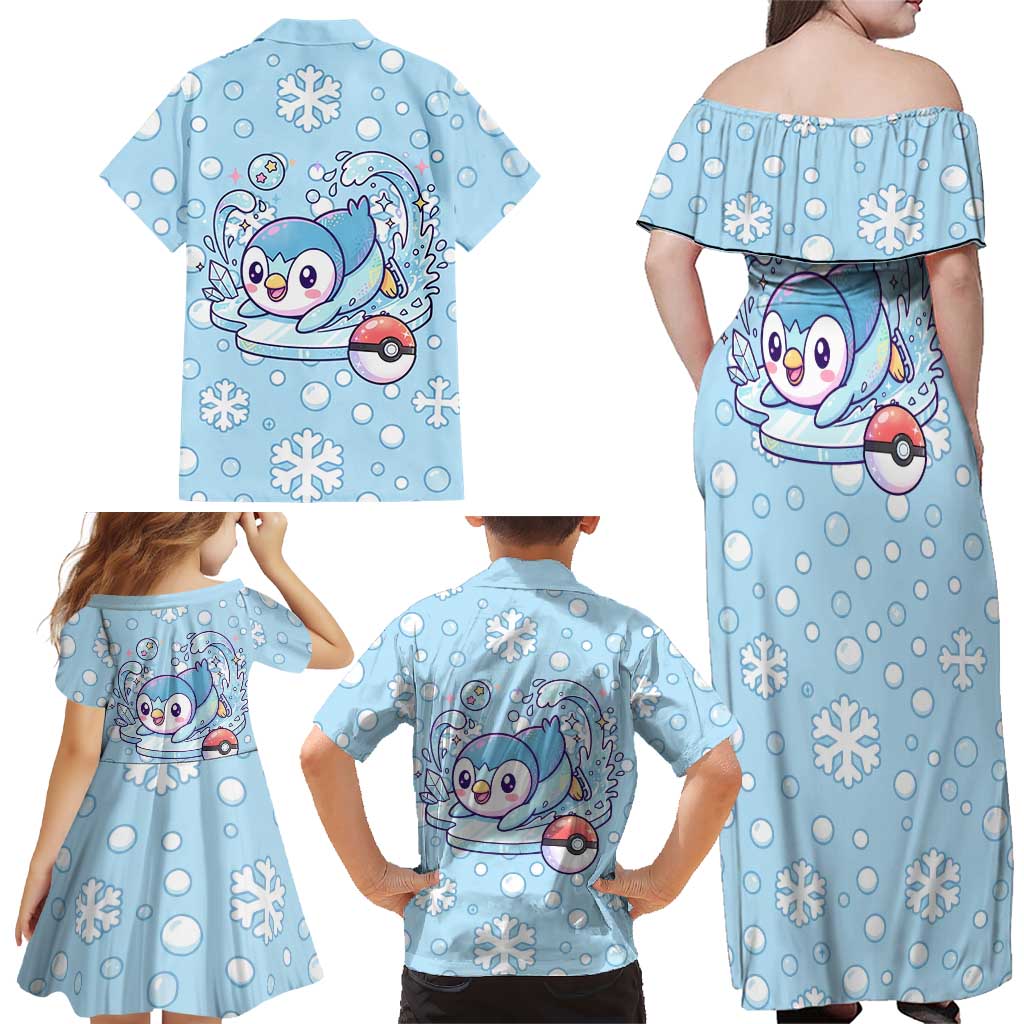 Piplup Family Matching Off Shoulder Maxi Dress and Hawaiian Shirt Cute Winter Snowflake Art