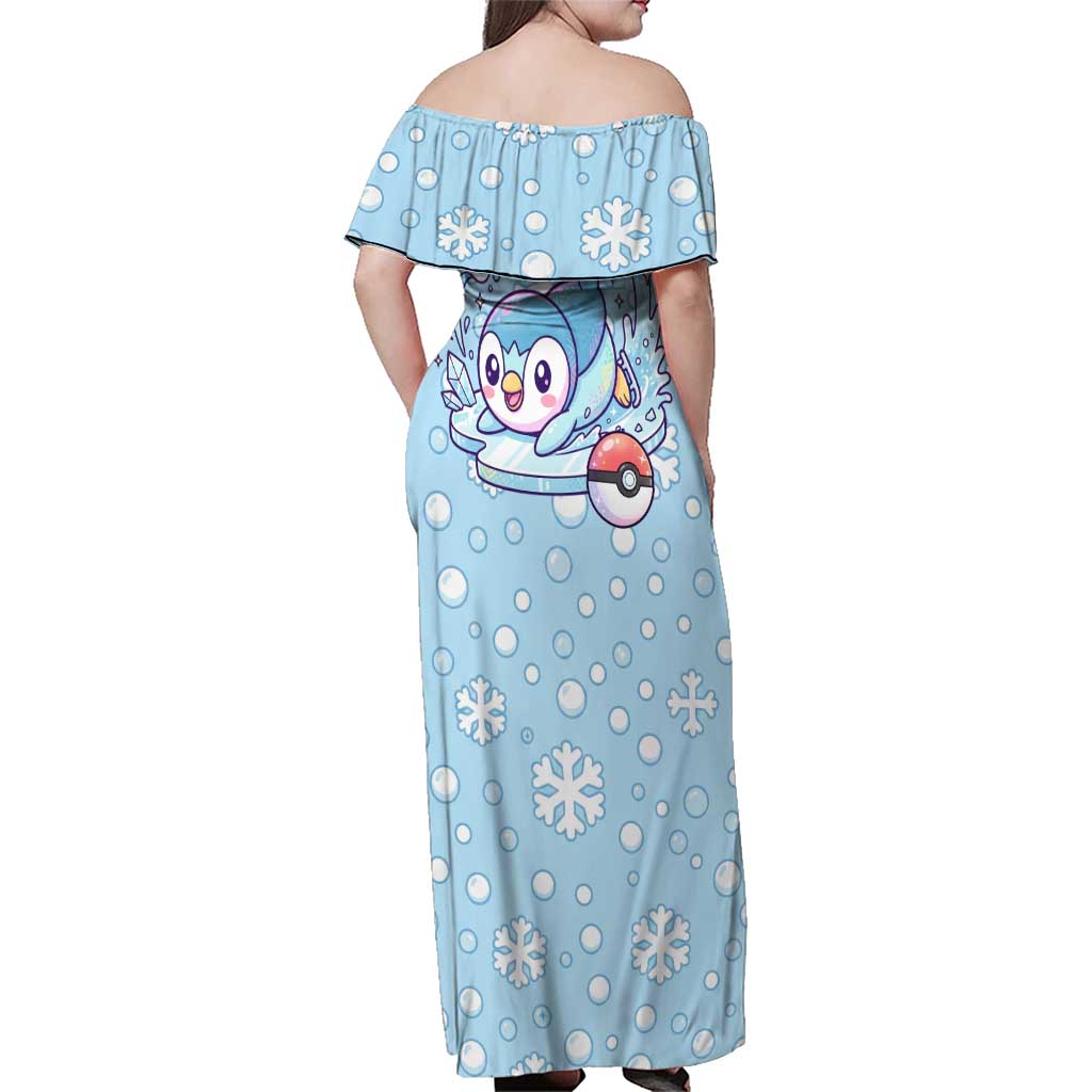 Piplup Family Matching Off Shoulder Maxi Dress and Hawaiian Shirt Cute Winter Snowflake Art
